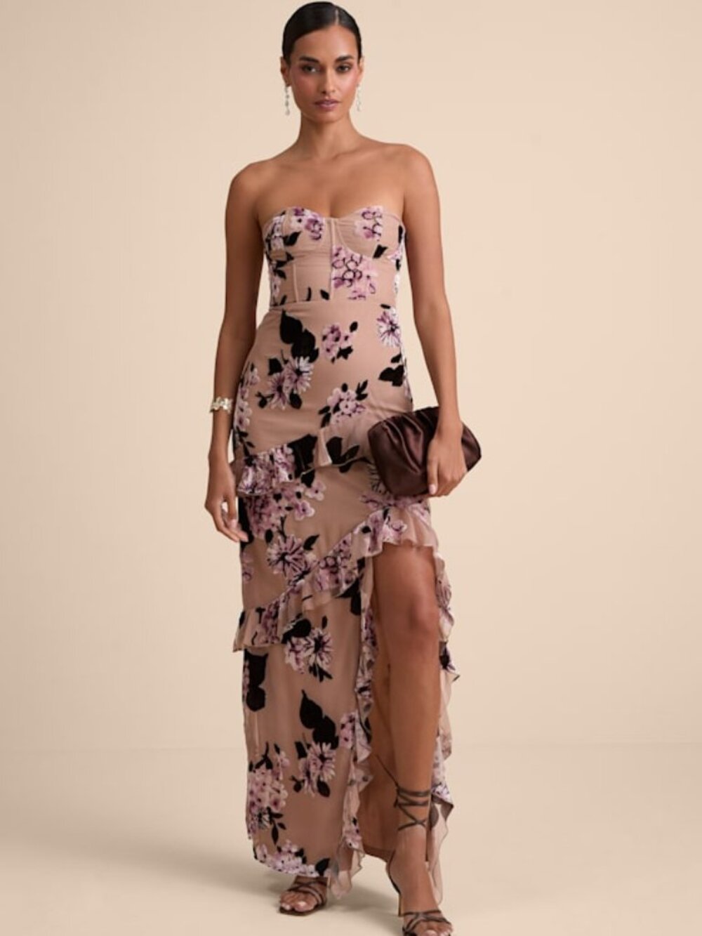 Lulus Chelisa Beige Floral Ruffled Strapless Bustier Maxi Dress - Size XS